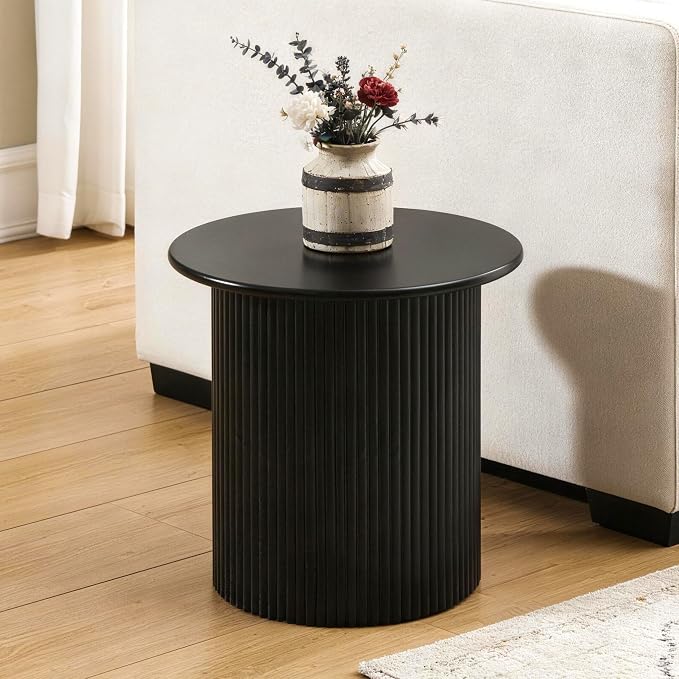 LuxenHome 15" Extra Small Black End Table, Fluted Side Tables for Living Room, Modern Round Side Table for Small Spaces, Wooden Accent Table