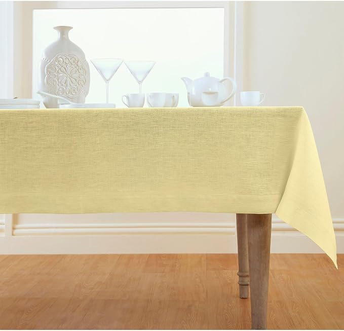 Solino Home Linen Tablecloth 60 x 90 Inch - 100% Pure Linen Chambray Yellow Table Cloth for Rectangular Tables - Athena, Machine Washable Cloth Tablecloth for Summer