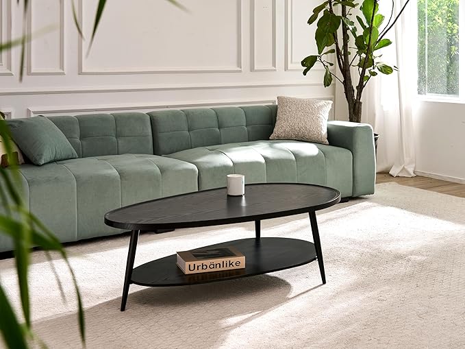 AGV Oval Coffee Table with Storage Shelf 47” Mid Century Modern Coffee Table,Black Wood Finish MDF Top with Black Metal Legs for Living Room,Office or Small Space