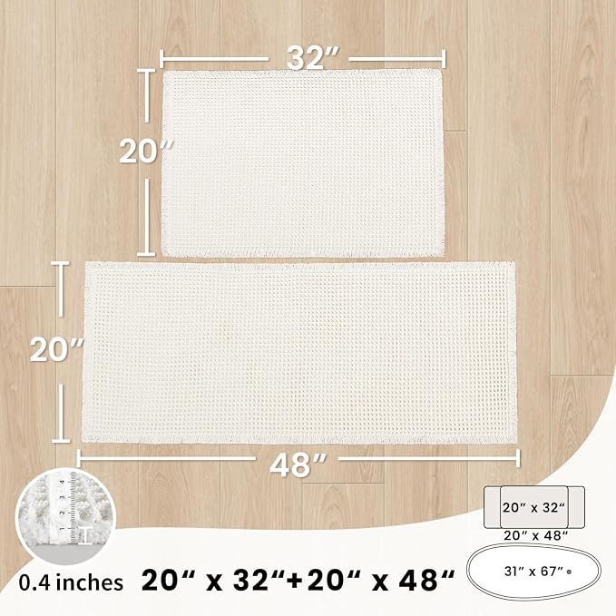 Large Bathroom Rugs Sets 2 Piece - Waffle Bath Mat Non Slip, Extra Absorbent Washable Bathroom Mats for Tub and Shower, Quick Dry Spa Decor, 20x32 & 20x48, White