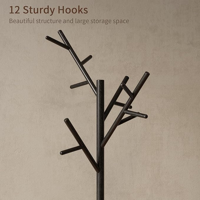 Muwuele Coat Rack, Solid Wood Coat Rack Freestanding with 12 Hooks, Coat tree freestanding 3 Adjustable Heights for coat, Hats, Handbags， Coat Stand for Entryway, Bedroom (Black)
