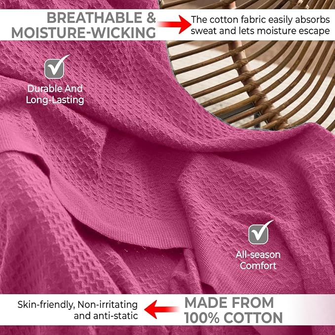 100% Cotton Blankets for Bed - Waffle Weave Blankets for Summer, Lightweight and Breathable Soft Woven Blanket for Spring (Pink, King (90" x 108"))