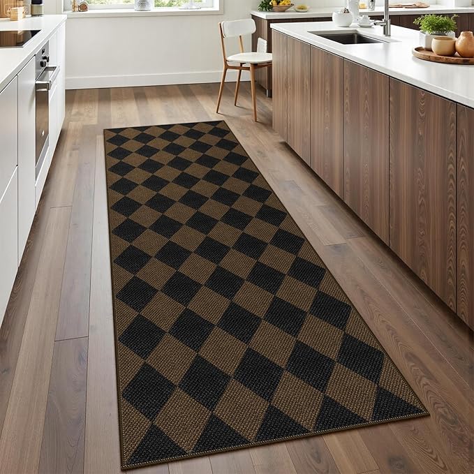 Rugalia Easy Jute Checkered Runner Rug, 2.6x8 Coffee Modern Washable Rugs Runner for Hallway Non-Slip Kitchen Runner Rug, Geometric Diamond Indoor Outdoor Carpet for Porch Laundry Entryway