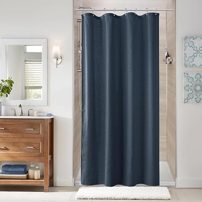 Naturoom Denim Blue 48 Inch Shower Curtain - Stall Narrow Half Linen Ultra Thick Fabric Shower Curtain Set with Hooks, Boho Farmhouse Rustic RV Camper Bath Curtains for Bathroom, 48x72