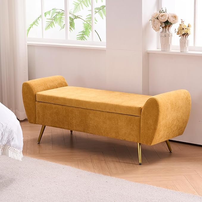 Storage Bench for Bedroom, 55" Extra Long Bench for King Size Bed, Modern Upholstered End of Bed Ottoman Bench with Arms for Entryway Living Room (Chenille, Mustard Yellow)