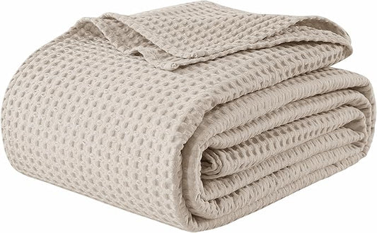 100% Egyptian Cotton Waffle Weave Blanket Full Size for Bed, 320 GSM - Breathable and Soft for Spring Summer, Lightweight All Season Bed Blanket for Couch, Sofa (84x90 Inches, Light Khaki)