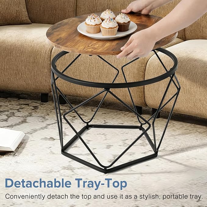 DUMOS Modern Geometric Coffee Table Set of 2, Round Nesting Side Tables with Hidden Storage, Movable End Tables for Living Room Decor & Practical Use
