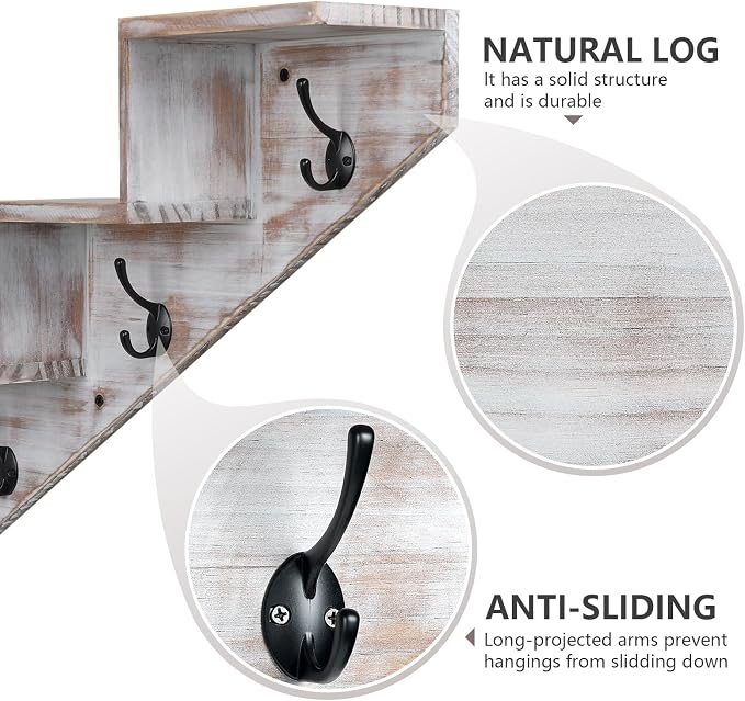 Hookmous Coat Rack Wall Mount with Shelf, White Wall Shelf with Hooks, Sturdy Wooden Rise Staircase Shelves, Space-Saving Decorative Organizer for Entryway, Mudroom, Hallway, Living Room, Bedroom