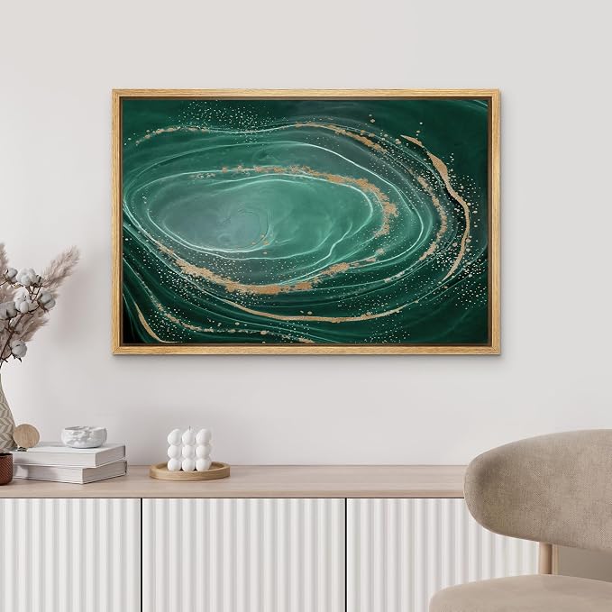 MUDECOR Framed Canvas Print Wall Art Emerald Green Marble Swirl with Gold Accents Minimalist Illustrations Digital Art Decorative Bohemian Contemporary for Bedroom - 16"x24" Natural