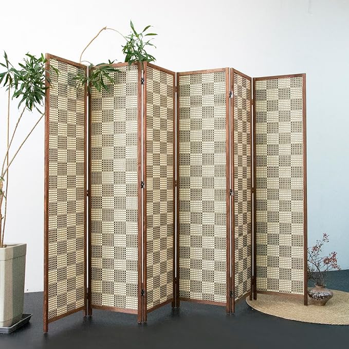 Furnnylane 6 Panel Bamboo Room Divider – 5.6 ft Tall Double-Sided Folding Privacy Screen, Freestanding Wall Partition for Home Office & Bedroom, Gray Brown Woven Texture, Easy Setup (67" H x 94.5" W)