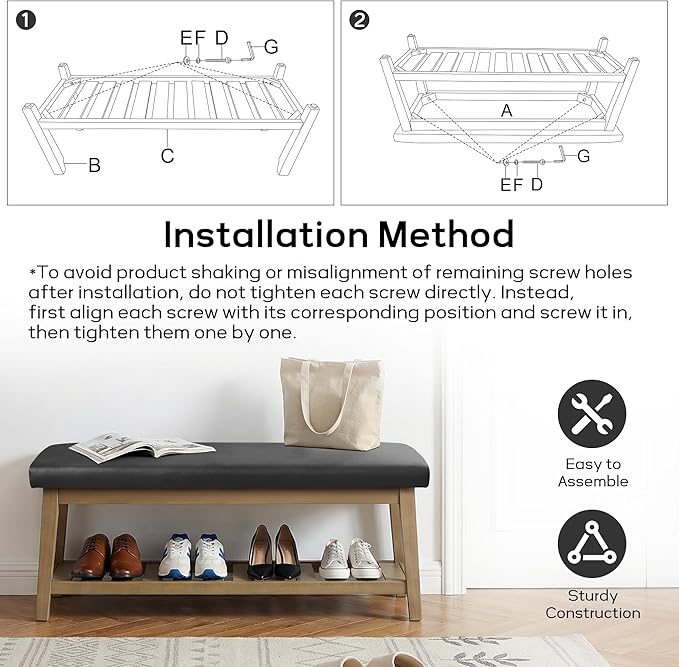 Entryway Bench with Cushion, Upholstered Shoe Rack Bench with Solid Wood Shelf, 44" End of Bed Bench for Bedroom, Chenille Fabric Storage Bench for Entryway, Hallway, Living Room (PU-Black)