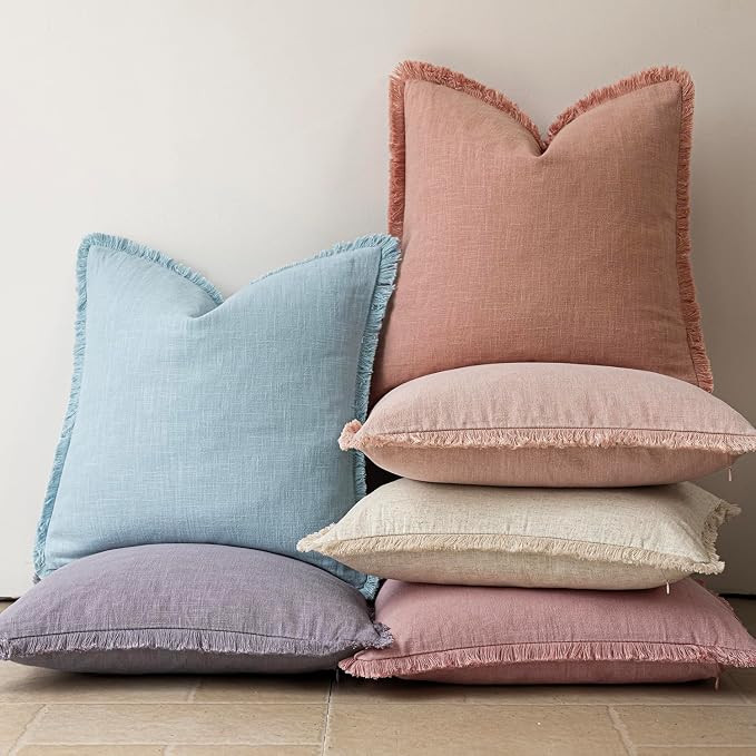 Foindtower Set of 2 Decorative Linen Fringe Throw Pillow Covers Cozy Boho Farmhouse Cushion Cover with Tassels Soft Accent Pillowcase for Couch Sofa Bed Living Room Home Decor,24×24 Inch,Coral Pink