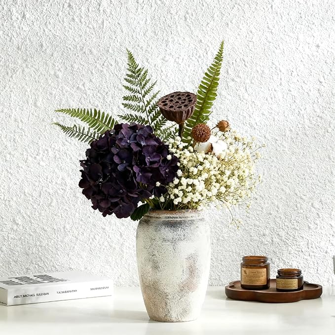 Handmade Rustic Farmhouse Ceramic Vase for Home Decor,Vintage Pottery Vase for Dried Flowers,Distressed White Table Centerpiece Terracotta Vase,8.3 Inches Tall