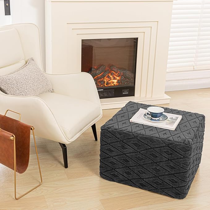 Fluffy Square Ottoman Pouf with All-in-One Foam Filling 20 x 14 Inches Furry Ottoman Foot Rest Foot Stool for Living Room or Bedroom (Gray)