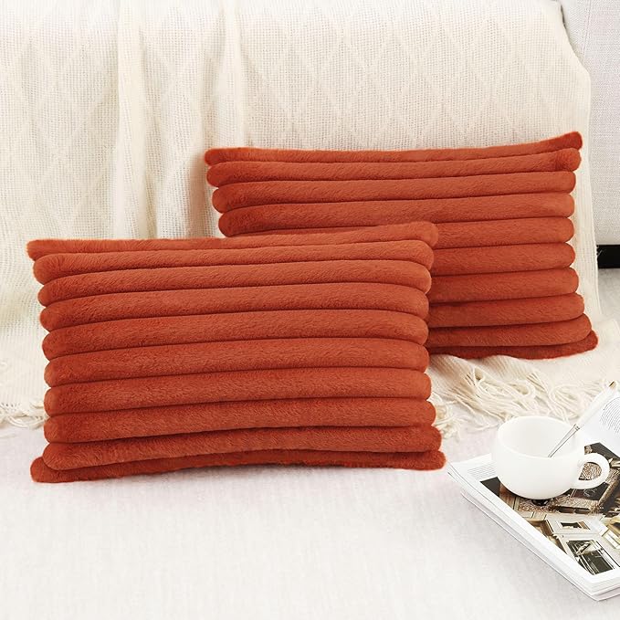 Pallene Faux Fur Plush Fall Throw Pillow Covers 12x20 Set of 2, Luxury Soft Fluffy Striped Decorative Pillow Covers for Sofa, Couch, Living Room, Rust