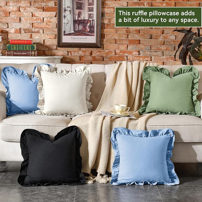 AmHoo Pack of 2 Throw Pillow Covers 100% Cotton Pre Washed Ruffle Decorative Pillowcase Cushion for Couch Sofa Bedroom 24 x 24-Inch Light Blue