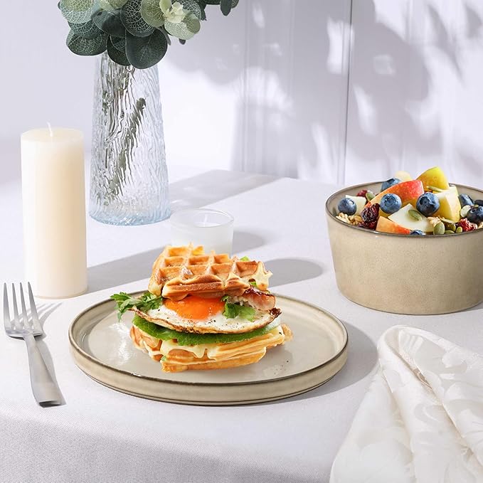 Herogo Stoneware Plates and Bowls Sets for 4, 12 Pieces Modern Dinnerware, Reactive Glaze Dishes Set for Kitchen, Chip Resistant, Microwave & Dishwasher Safe, Cream Khaki