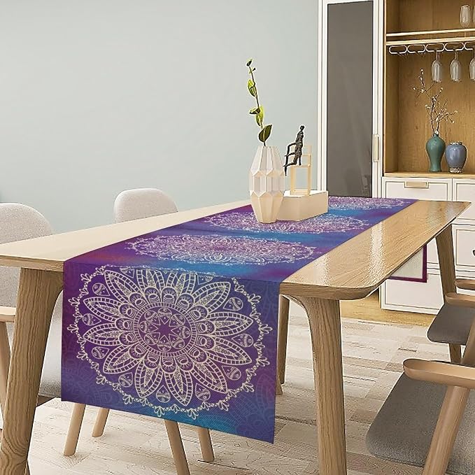 YCness Abstract Vintage Mandela Boho Table Runner, Modern Hippie Art Watercolor Purple Rainbow Colorful Dining Room Kitchen Living Room Party Holiday, 13x70 Inch