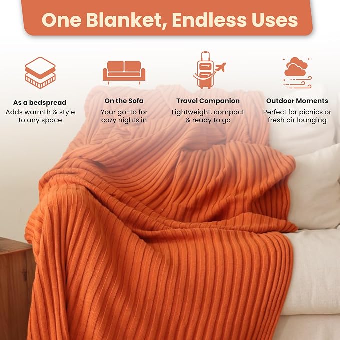 Dalisa 100% Organic Cotton Knit Throw Blanket, Harvest Pumpkin, 60x80 Inches, GOTS-Certified, Crochet Knit, Adult, Eco-Conscious Luxury, Lynx-Inspired Pattern