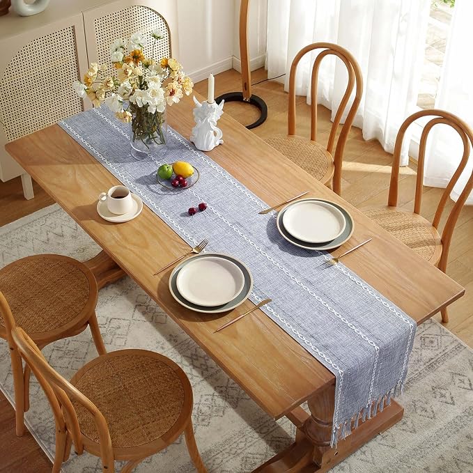 Yicorgard Farmhouse Table Runner Rustic Style 13“ x 72”, Braided Striped Linen Rustic Table Runner 72 Inches Long with Tassels for Dining Room Kitchen Reading Dresser Décor,Blue