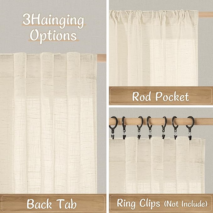 LAMIT 102 Inches Long Linen Curtains for Living Room, Back Tab and Rod Pocket Semi Sheer Panels Light Filtering Farmhouse Drapes for Bedroom/Dining Room, Linen, Set of 2, 52 x 102 Inch