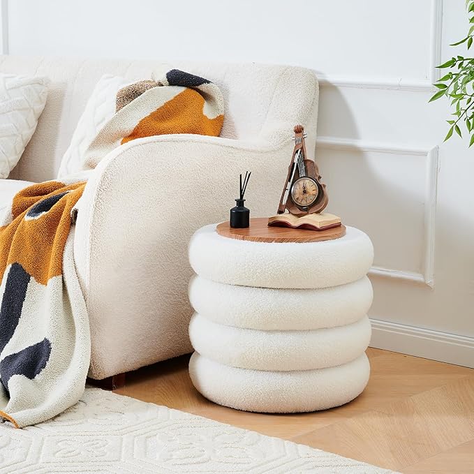 Wimarsbon Round Storage Ottoman, Modern Sherpa Footstool, Teddy Vanity Stool with Flip-Top Tray, Makeup Chair for Home Decor, Upholstered Footrest for Living Room & Bedroom (White)