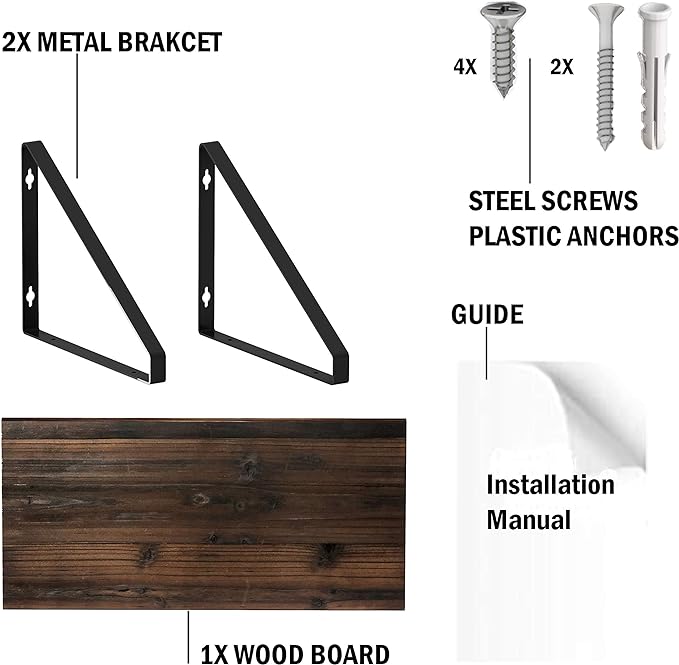 BAMEOS Floating Shelves Rustic Wood Wall Shelf Wall Mounted Shelves for Living Room, Office, and Bedroom, with Metal Bracket
