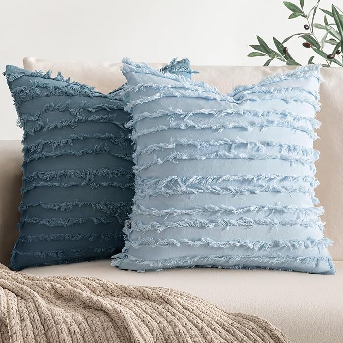 MIULEE Decorative Boho Throw Pillow Covers Set of 2 Light Blue Linen Striped Jacquard Pattern Summer Coastal Cushion Covers for Sofa Couch Living Room Bedroom 18x18 Inch