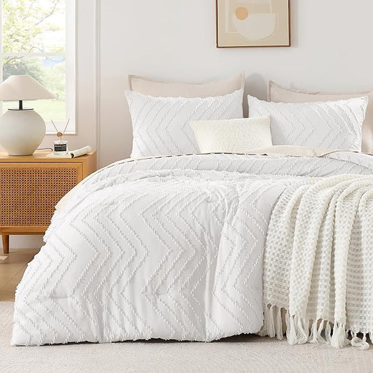 Andency White Oversized Super King Comforter Set 120x120, Extra Large King Size Comforter Oversize Boho Soft Warm Bedding Comforter Sets, 3 Pieces Aesthetic Chevron Textured Bedding Set