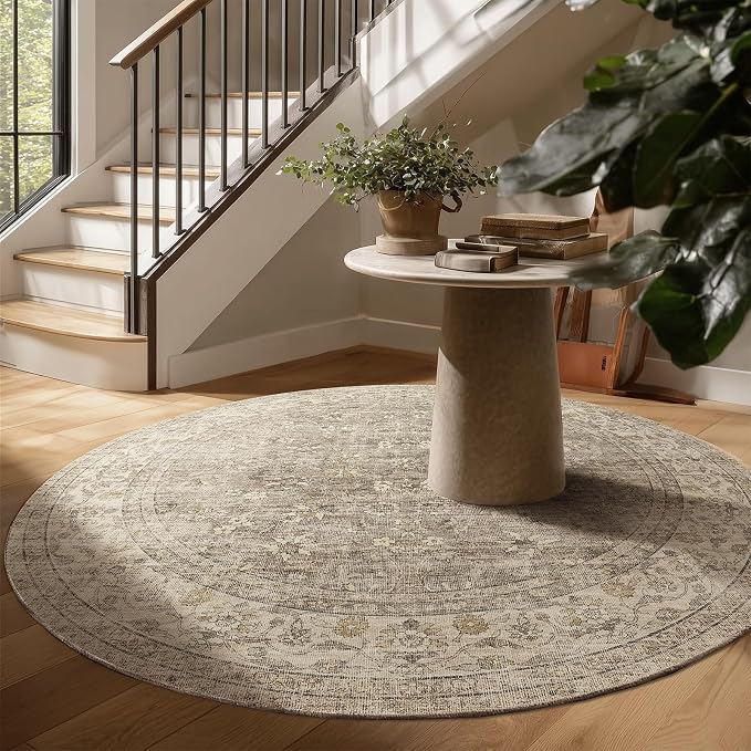 6ft Washable Round Rugs for Bedroom: Circle Living Room Rug Vintage Non Slip Low Pile Soft Faux Wool Non Shedding Boho Circular Rug for Kitchen Entryway Bathroom Bedside Office College Dorm Kids Room