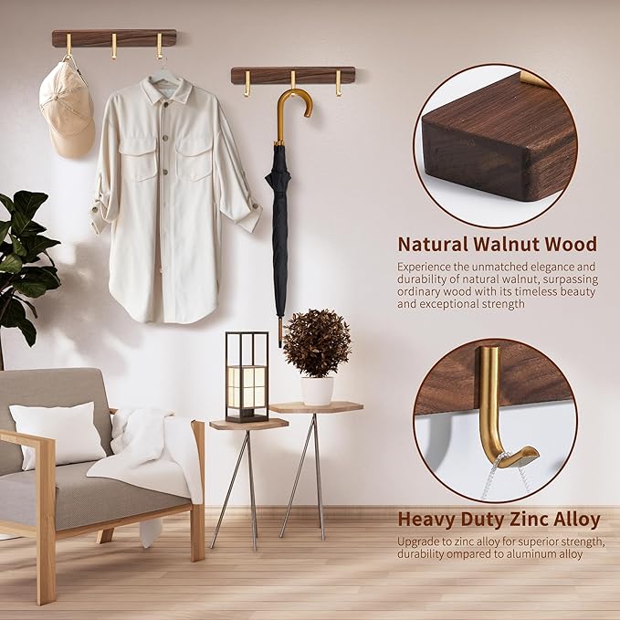 Wall Mounted Coat Rack, Entryway Hanging Coat Rack, Metal Wood Coat Rail with 3 Rustic Hooks Rail for Coat, Scarf, Bag, Towel, Key, Cap, Hat, Walnut Gold Matt