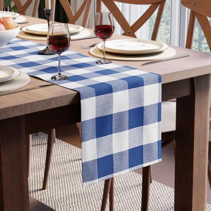 Encasa XO Cotton Dining Table Runner | Buffalo Blue Checks | Size 13x118 in - Machine Washable & Durable