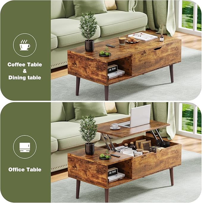 OLIXIS Wooden Coffee Table, Lift Top Coffee Table with Large Hidden Compartment and Ample Storage Shelf, Lift Tabletop Dining Table for Living Room, Home Small Space, Rustic