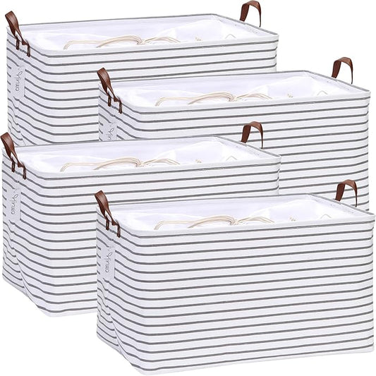 Hinwo 4-Pack Extra Large Canvas Fabric Storage Baskets with Handles, 70L Oversized Storage Bins, Collapsible Storage Box, Clothes, Toys, Blankets Organizers, 22 x 15 x 13 inches, (Grey Stripe)