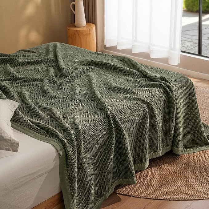 PHF Stone Washed 100% Cotton Waffle Blanket, Vintage Deep Honeycomb Texture, Breathable Thermal Blanket for Bed & Home Decor, All Season Layering - Queen, Moss
