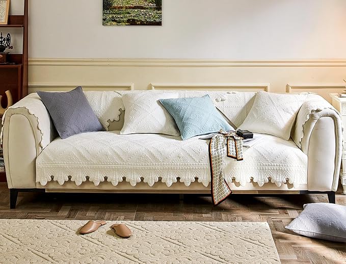 vctops Neutral Cotton Quilted Couch Sofa Cover Floral Embroidery Non-Slip Sectional Couch Covers Soft Cozy Sofa Slipcover for Dogs Cats Pet Armrest Backrest Cover (Cream,43"x94")