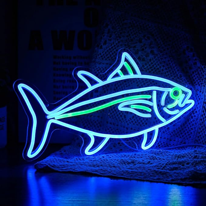 Tuna Neon Sign Blue Green Fish Neon Lights Signs for Wall Decor Dimmable Led Signs for Bedroom Living Room Restaurant Office Birthday Gifts(16.9’’X9.6’’）