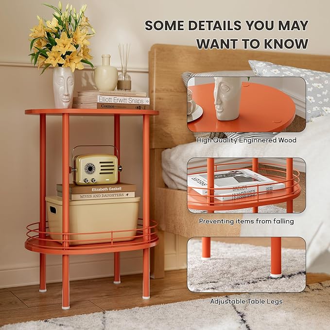 Small Modern Oval Side Table with Storage,2-Tier Side Tables Living Room,Sturdy Nightstand for Small Space - Living Room, Bedroom, Bathroom, Nursery,（1 PC,Orange）