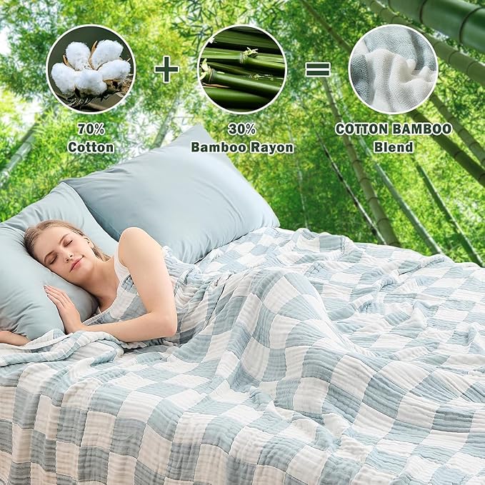 EMME Cooling Muslin Twin Blanket - Checkered Lightweight Summer Cotton Blankets of Rayon Derived from Bamboo for Hot Sleepers, Ultra Soft Breathable All Season Gauze