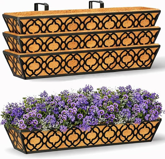4 Pack 30 Inch Railing Planter Box with Coco Liner, Adjustable Metal Window Box Planter for Balcony Deck Fence, Hanging Flower Basket for Outdoor Garden, Black