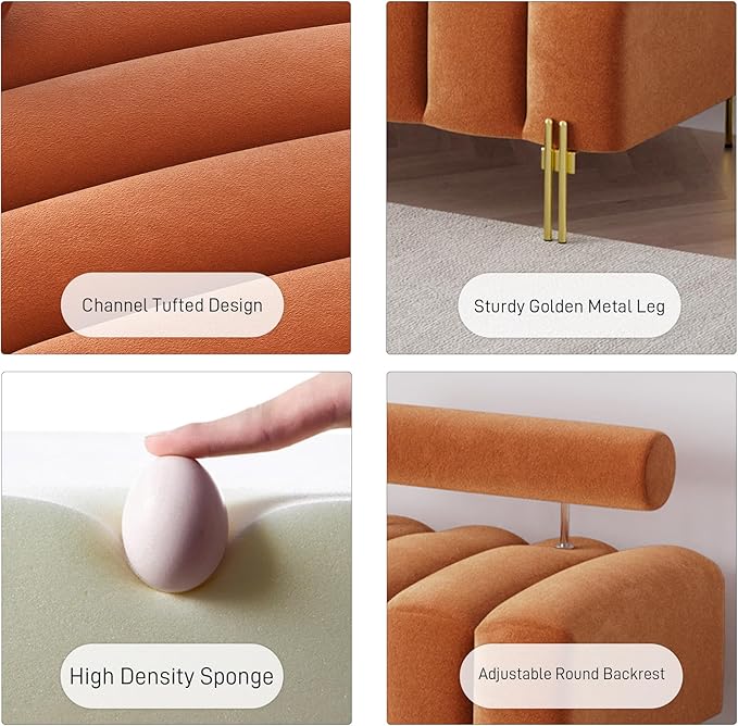 Modern Bed Bench with Adjustable Back, 52.2" Channel Tufted Velvet Ottoman for Bedroom, Living Room, Entryway, Orange