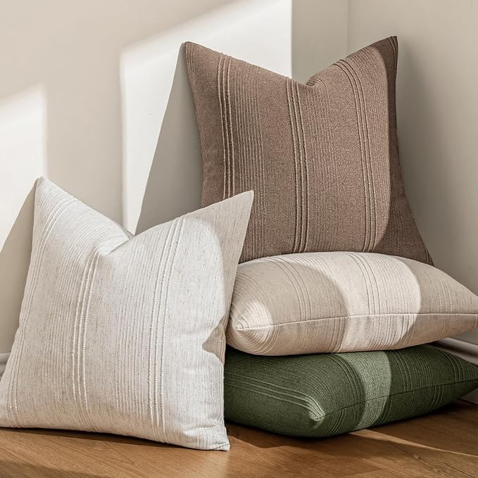 MIULEE Striped Euro Sham Pillow Covers 24x24 Decorative Textured Throw Pillow Covers Pack of 2 Linen Cushion Cases for Couch Bed Sofa Livingroom Farmhouse Home Decor, Coco Brown