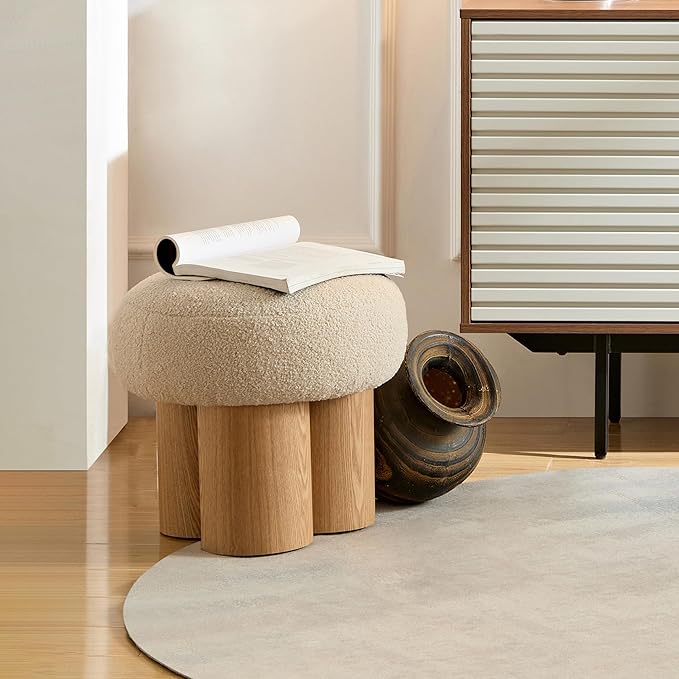 Round Foot Stool, Small Mushroom Ottoman Footstools Modern Pouf Boucle Ottoman, Teddy Foot Rest for Couch Sofa Comfy Floor Footrest Step Stool for Living Room,Bedroom,Desk,Office(Beige)