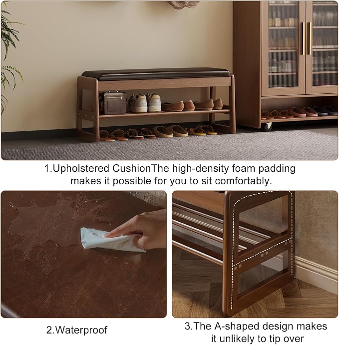 AQIMUELE Shoe Rack Bench,2 Tiers Shoe Bench with Storage with Flip-Top,Wood Shoe Rack for Entryway,Hallway（Dark Walnut Upholstered Seat,11.8" D x 31.5" W x 15.7" H）