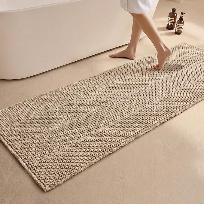 Sunfly Waffle Runner Rug Bathroom, Boho Bath Mat Super Absorbent & Quick Dry, Non-Slip Washable with Tassels, Ultra Soft Farmhouse Long Bathroom Rug 24"x72" Beige