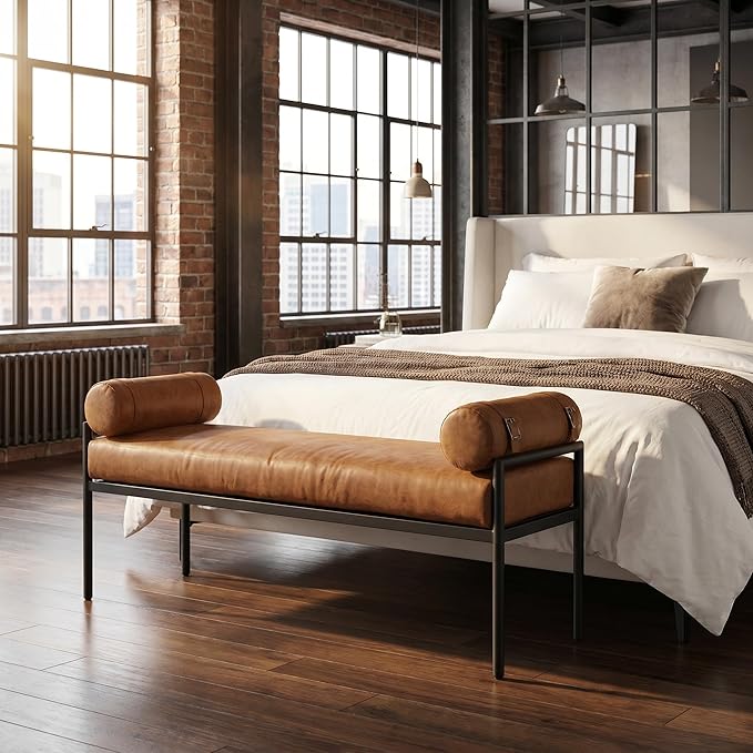 LukeAlon Modern 55" End of Bed Bench Long King Upholstered PU Leather Ottoman Bench with Arms & Detachable Strappy Pillows for Bedroom Entryway Window with Black Metal Legs, Brown
