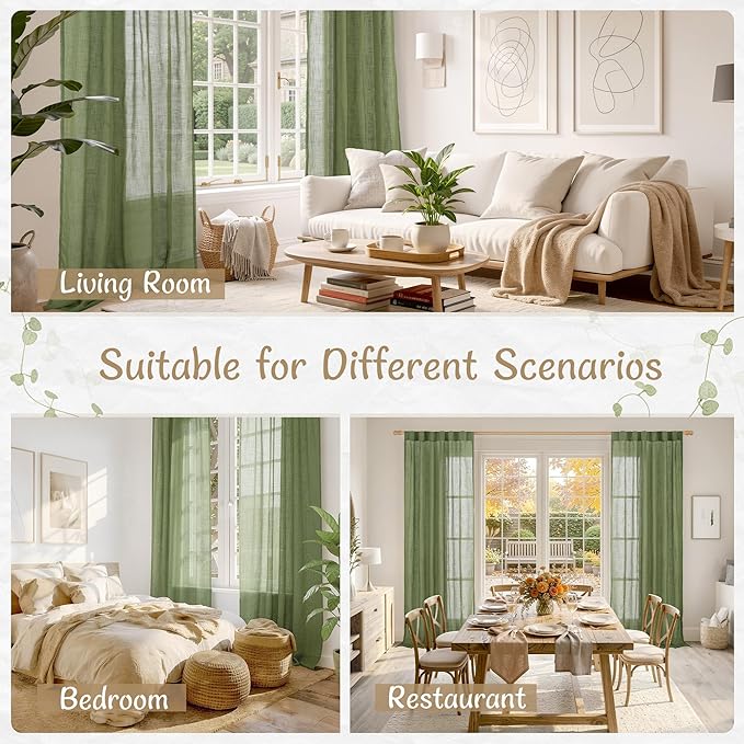 LAMIT Sheer Linen 72 Inch Curtains for Living Room 2 Panels, Light Filtering Boho Farmhouse Panels Back Tab and Rod Pocket Spring Decor Drapes for Bedroom/Dining Room, Sage Green, 52 x 72 Inch
