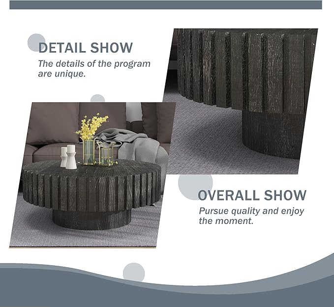 31.5" Circle Coffee Table, Rustic Round Wood Center Table Accent Drum End Tea Table for Living Room Apartment Small Space,with Fluted Relief Side, Black