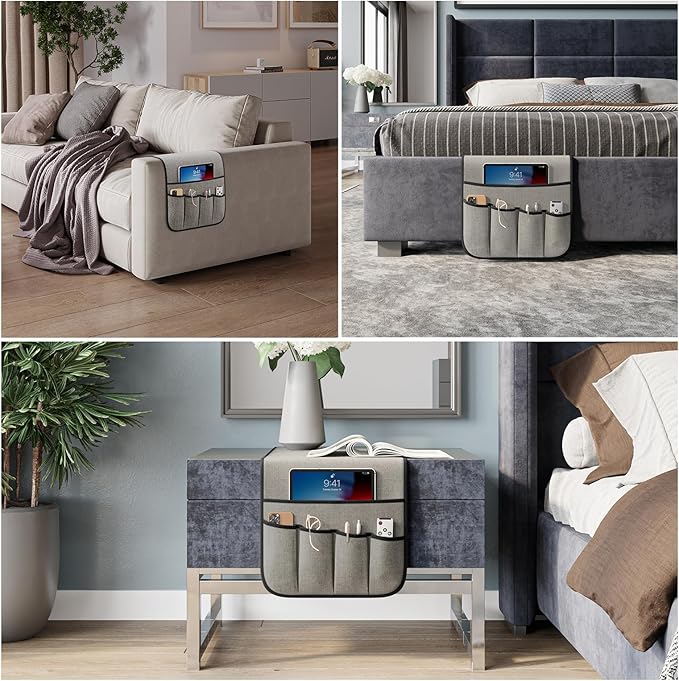 Armrest Organizer Non Slip Remote Control Holder Arm Chair Couch Caddy For Recliner Sofa Bedside With 5 Pocket Storage for Tablet Phone iPad (Lightgrey, W13 x L33)
