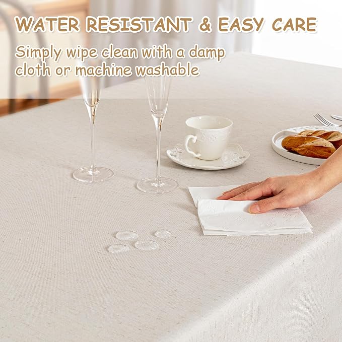 MYSKY HOME Rectangle Tablecloth, 60x60 inches, Heavy Duty Cotton Tassel Linen Look Waterproof Farmhouse Tablecloth, Wrinkle Free, Beige Tassels for Kitchen Dining, Party